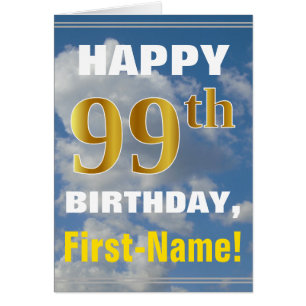Bold, Cloudy Sky, Faux Gold 99th Birthday + Name Cards