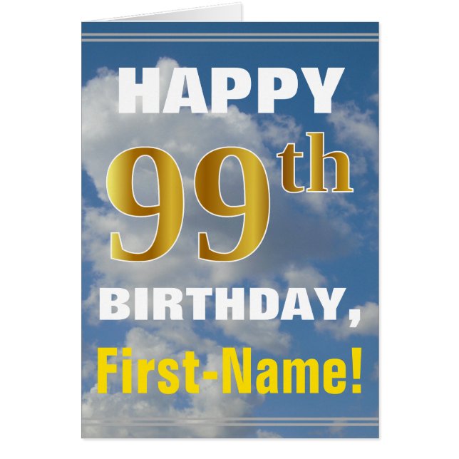 Bold, Cloudy Sky, Faux Gold 99th Birthday + Name Cards (Front)