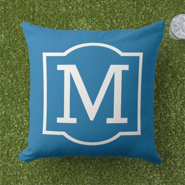 Bold Cobalt Blue White Bracket Monogram Outdoor Pillow (Grass)