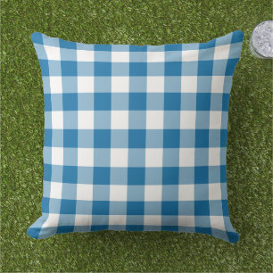 Bold Cobalt Blue White Gingham Plaid Check Outdoor Pillow