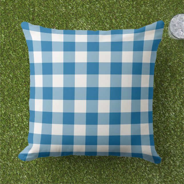 Bold Cobalt Blue White Gingham Plaid Check Outdoor Pillow (Grass)