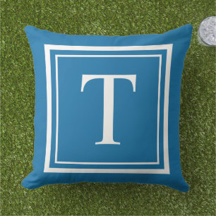 Bold Cobalt Blue White Square Frame Monogram Outdoor Pillow