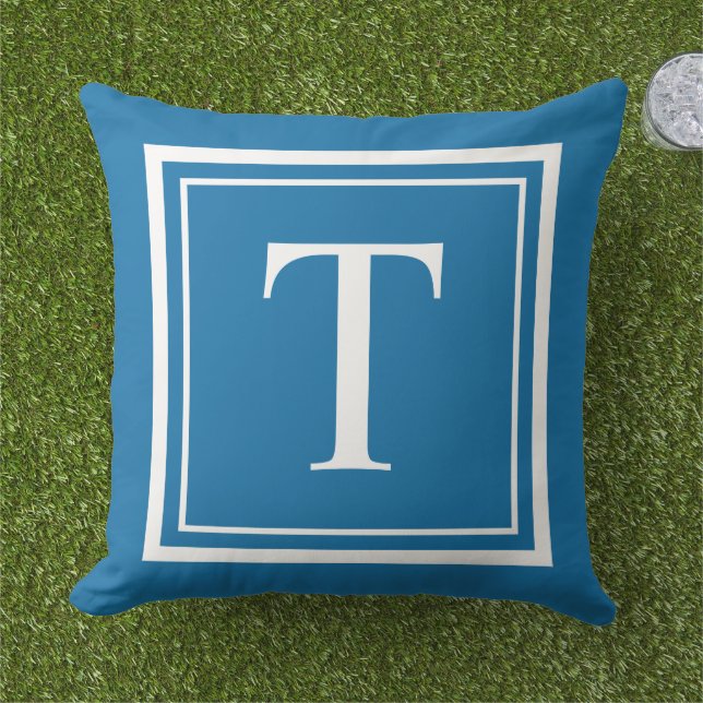 Bold Cobalt Blue White Square Frame Monogram Outdoor Pillow (Grass)