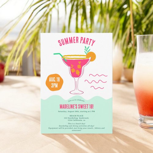 Bold Cocktail illustration summer beach Sweet 16 Invitation
