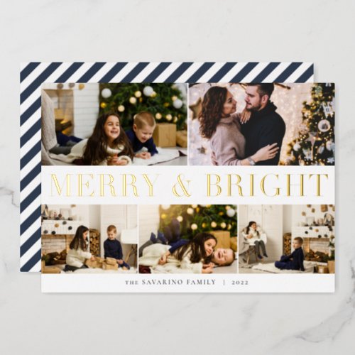 Bold Collage  Merry  Bright 5 Photo Foil Holiday Card