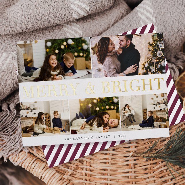 Bold Collage | Merry & Bright 5 Photo Foil Holiday Card (Creator Uploaded)