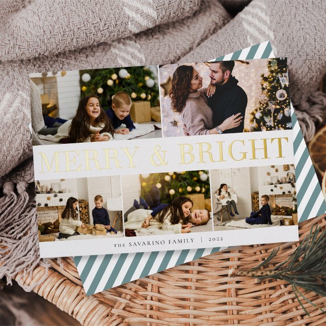 Bold Collage | Merry & Bright 5 Photo Foil Holiday Card (Creator Uploaded)