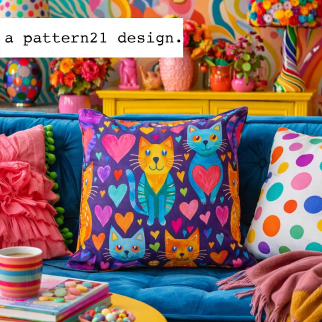 Bold color kittens and hearts purple pattern throw pillow (Whimsical rainbow cat pillow full of hearts and personality for bold, happy homes.)