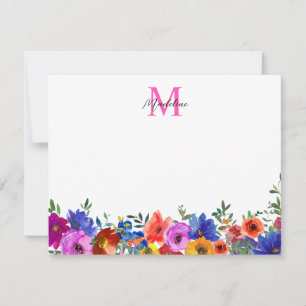 Bold Color Magenta Pink Floral Monogram Script Note Card