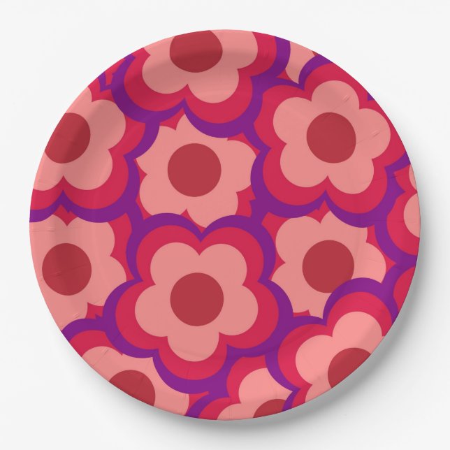 Bold Color Retro Hippie Flower Pattern Paper Plates (Front)