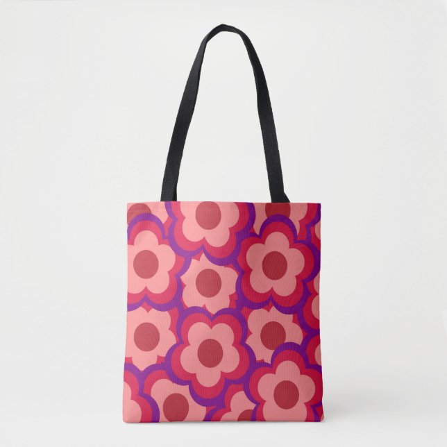 Bold Color Retro Hippie Flower Pattern Tote Bag (Front)