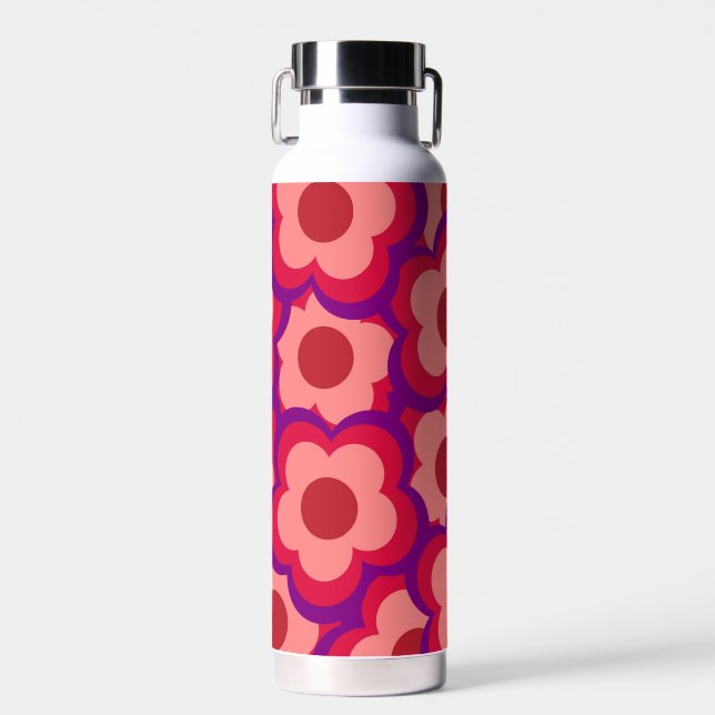 Bold Color Retro Hippie Flower Pattern Water Bottle (Front)