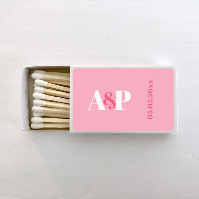 Bold Colorblock Pink White Initials Wedding Matchboxes (Bold color block pink and white monogram wedding matches)