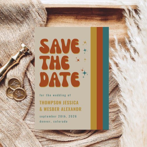 Bold Colorful 70's Retro Script Wedding Save The Date