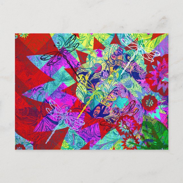 Bold Colorful Abstract Collage with Dragonflies Postcard (Front)