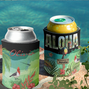 Bold Colorful Aloha Tropical Hawaiian Can Cooler