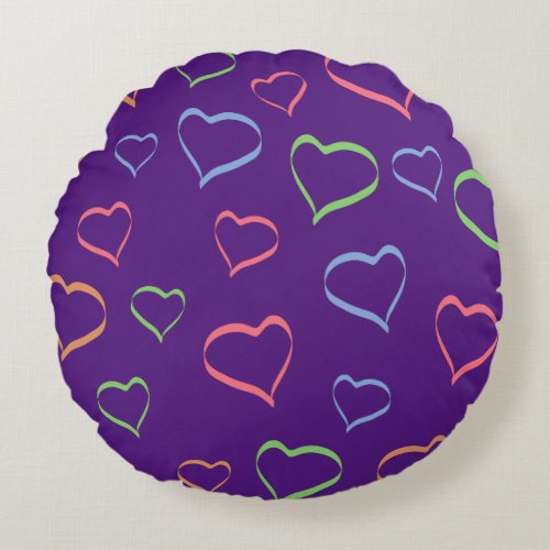 Bold Colorful Asymmetric Hearts Pattern Round Pillow