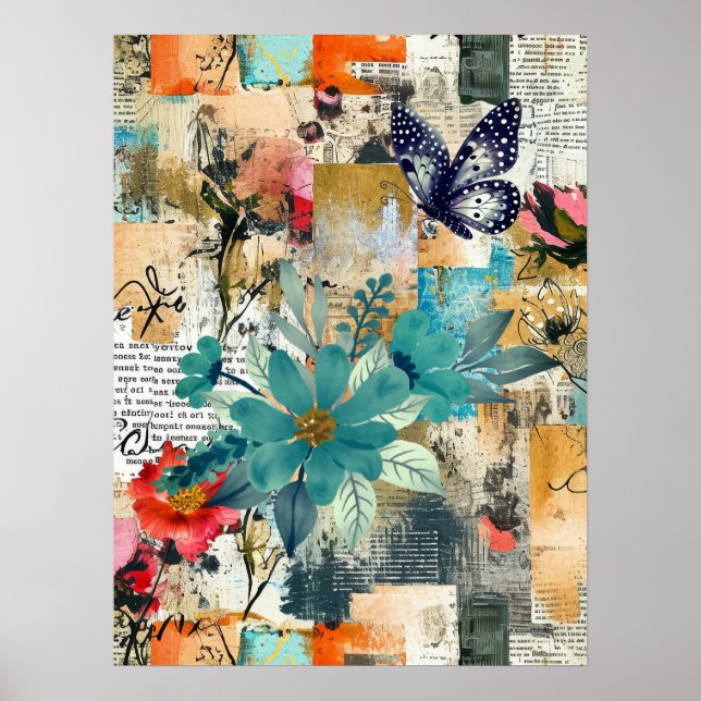 Bold Colorful Boho Floral Butterfly Abstract Art  Poster (Front)
