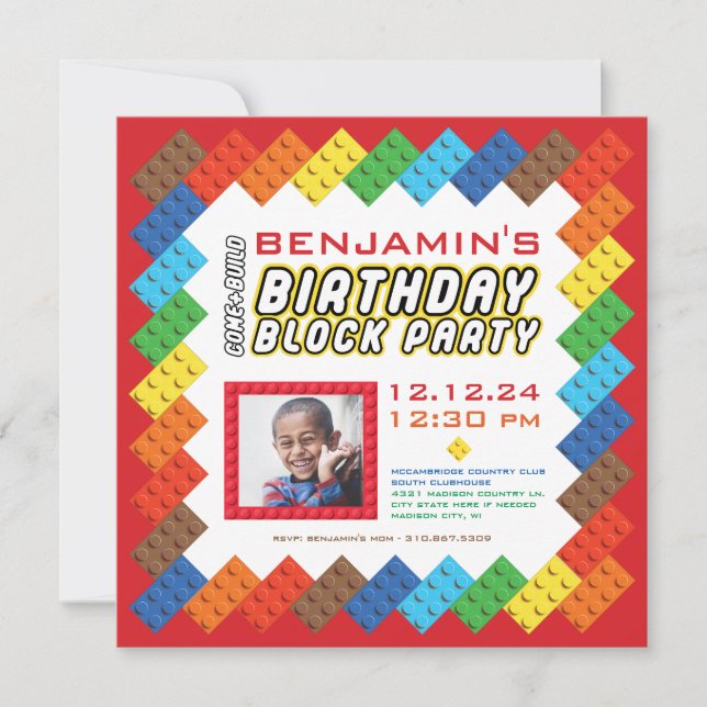Bold Colorful Bricks Building Blocks Birthday Invitation (Front)