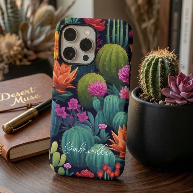 Bold Colorful Cactus Pattern Custom Name iPhone Case (Creator Uploaded)