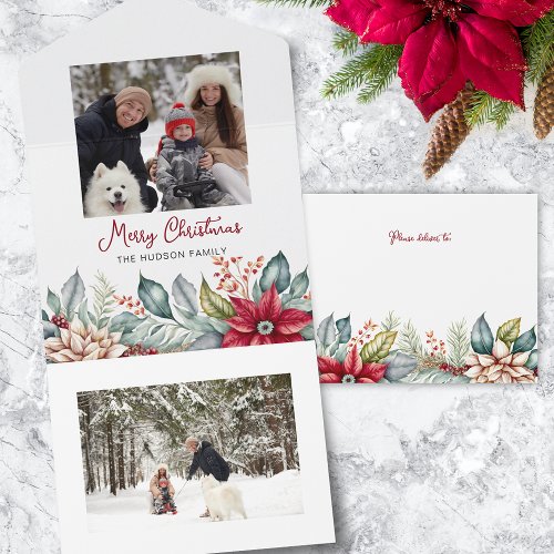 Bold Colorful Christmas Poinsettias Family Photo All In One Invitation