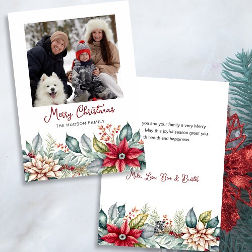 Bold Colorful Christmas Poinsettias Family Photo Holiday Card