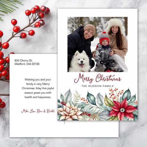 Bold Colorful Christmas Poinsettias Family Photo Holiday Postcard