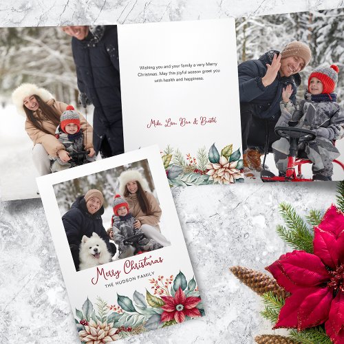 Bold Colorful Christmas Poinsettias Family Photo Tri_Fold Card