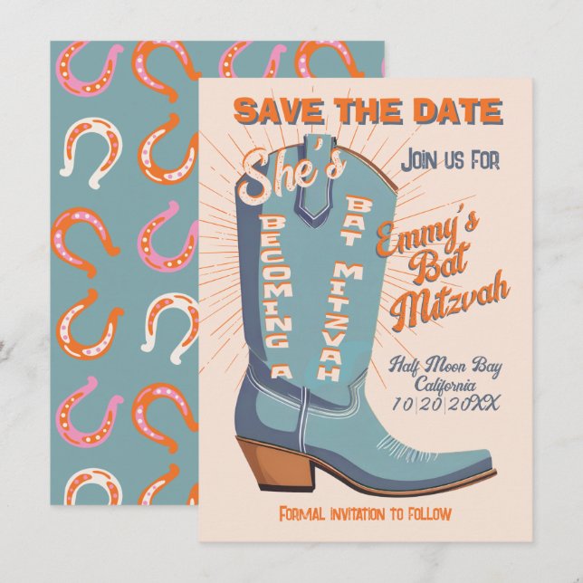 Bold Colorful Cowboy Western Bat Mitzvah  Invitation (Front/Back)