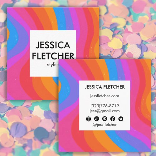 Bold Colorful Curves with Social Icons Minimalist  Square Business Card