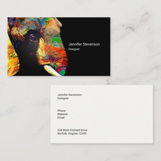 Bold Colorful Elephant Head Portrait Drawing Business Card (Front/Back)