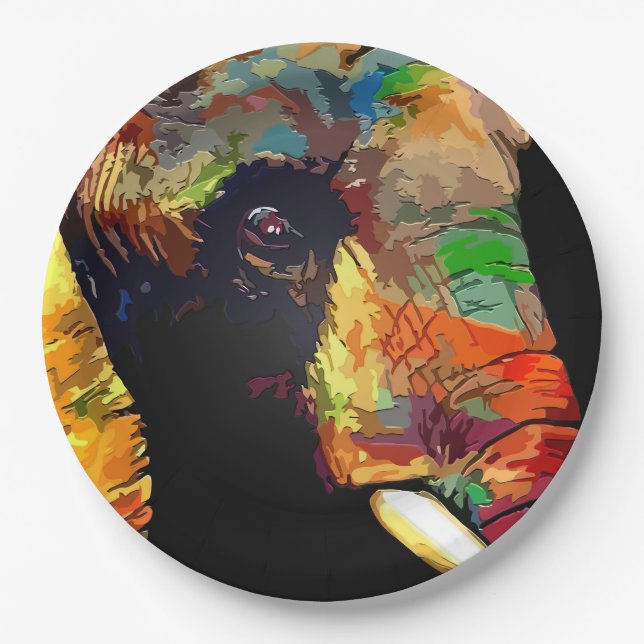Bold Colorful Elephant Head Portrait Paper Plates (Front)