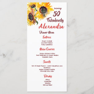 Bold & Colorful Fabulous 50 Watercolor Sunflower Menu