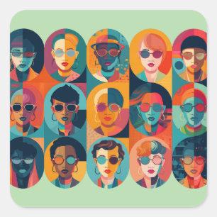 Bold, colorful faces celebrating individuality square sticker
