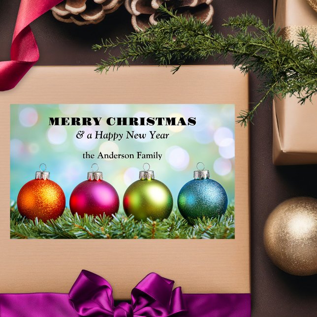 Bold Colorful Festive Christmas Baubles Rectangular Sticker (Sticker featuring colorful festive Christmas baubles with sparkling lights.)