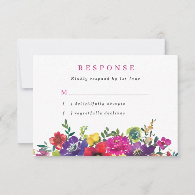 Bold Colorful Fiesta Flowers Wedding RSVP Card (Front)