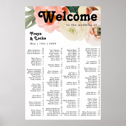 Bold Colorful Floral  Alphabetical Seating Poster