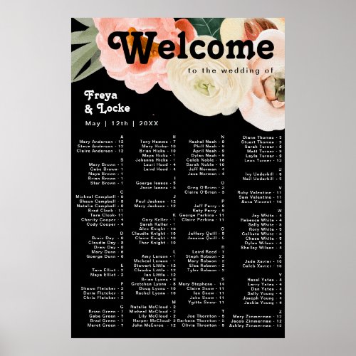 Bold Colorful Floral  Black Alphabetical Seating Poster