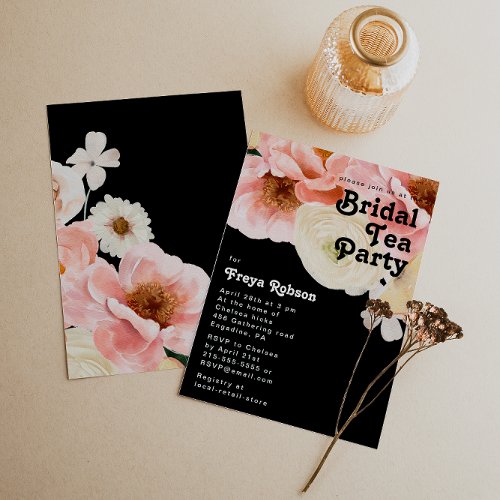 Bold Colorful Floral  Black Bridal Tea Party Invitation