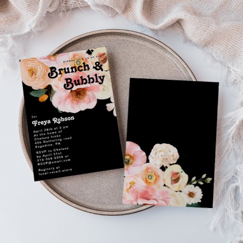 Bold Colorful Floral  Black Brunch and Bubbly Invitation