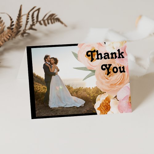 Bold Colorful Floral  Black Folded Photo Thank You Card