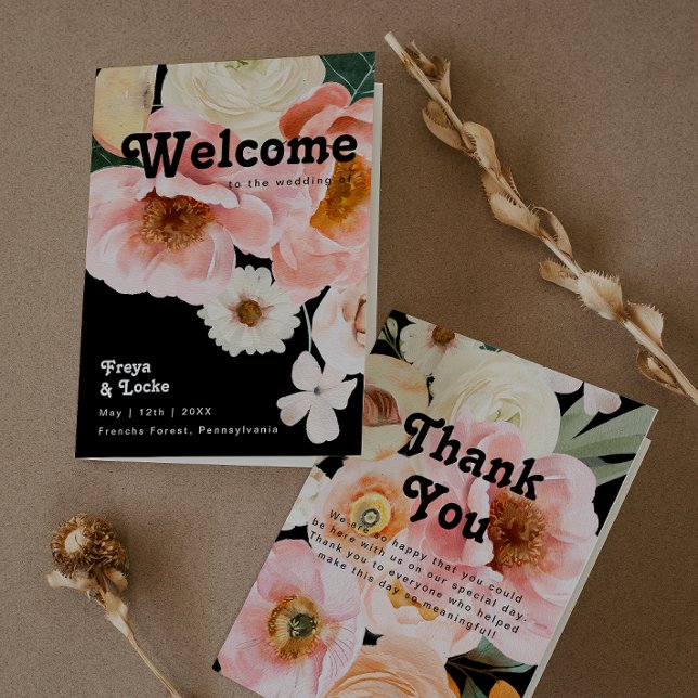 Bold Colorful Floral | Black Folded Wedding Program (Creator Uploaded)