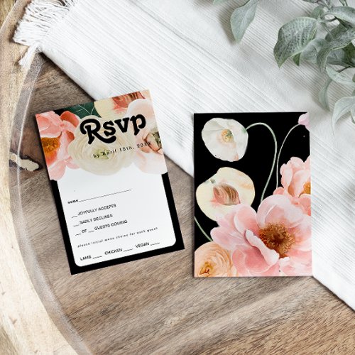 Bold Colorful Floral  Black Menu Choice RSVP Card