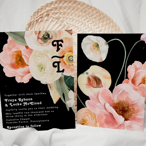 Bold Colorful Floral  Black Monogram Wedding Invitation
