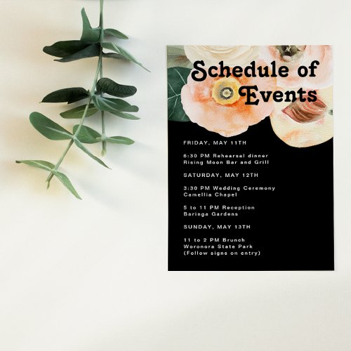 Bold Colorful Floral  Black Schedule of Events Enclosure Card