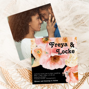 Bold Colorful Floral Black Square Photo Wedding Invitation