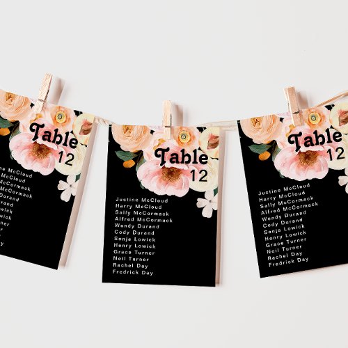 Bold Colorful Floral  Black Table Number Chart