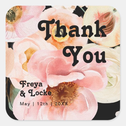 Bold Colorful Floral Black Thank You Wedding Favor Square Sticker