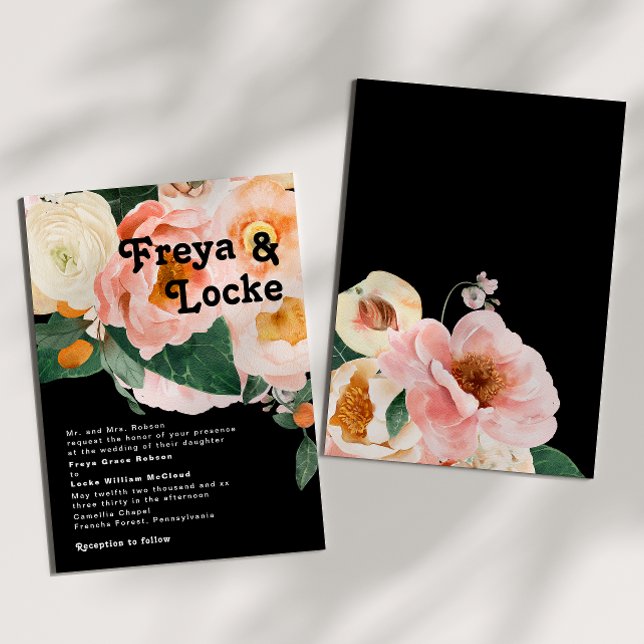 Bold Colorful Floral | Black Traditional Wedding Invitation (Creator Uploaded)