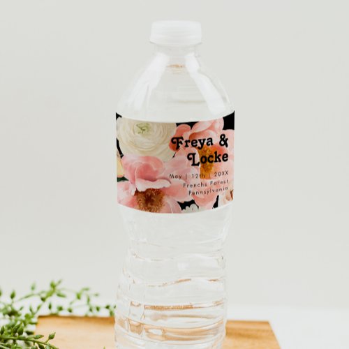 Bold Colorful Floral  Black Water Bottle Label